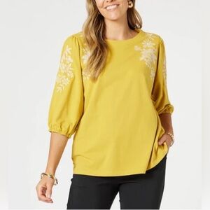 J. Jill Floral embroidered  cotton blouse top yellow mustard soft peasant Sz 2X